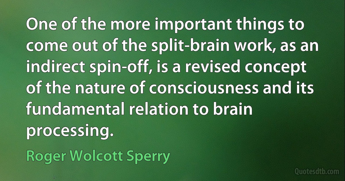 One of the more important things to come out of the split-brain work, as an indirect spin-off, is a revised concept of the nature of consciousness and its fundamental relation to brain processing. (Roger Wolcott Sperry)