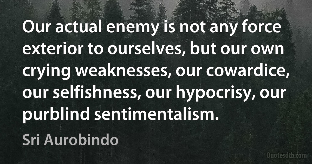 Our actual enemy is not any force exterior to ourselves, but our own crying weaknesses, our cowardice, our selfishness, our hypocrisy, our purblind sentimentalism. (Sri Aurobindo)