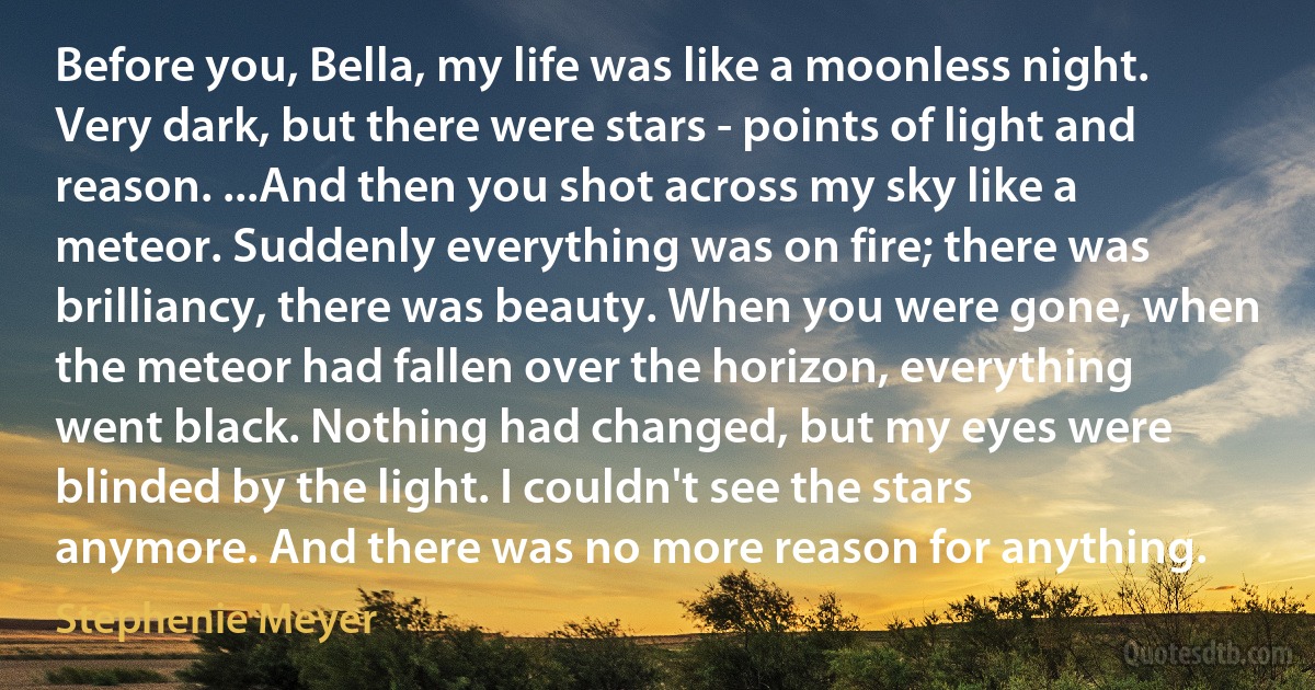 Before you, Bella, my life was like a moonless night. Very dark, but there were stars - points of light and reason. ...And then you shot across my sky like a meteor. Suddenly everything was on fire; there was brilliancy, there was beauty. When you were gone, when the meteor had fallen over the horizon, everything went black. Nothing had changed, but my eyes were blinded by the light. I couldn't see the stars anymore. And there was no more reason for anything. (Stephenie Meyer)