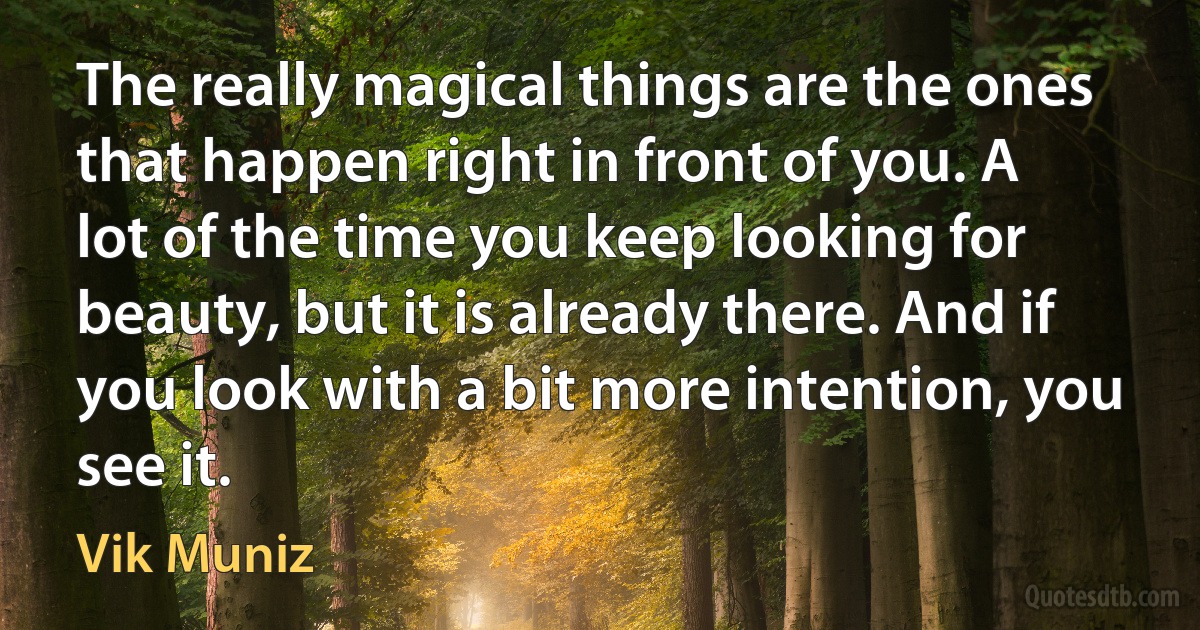 The really magical things are the ones that happen right in front of you. A lot of the time you keep looking for beauty, but it is already there. And if you look with a bit more intention, you see it. (Vik Muniz)