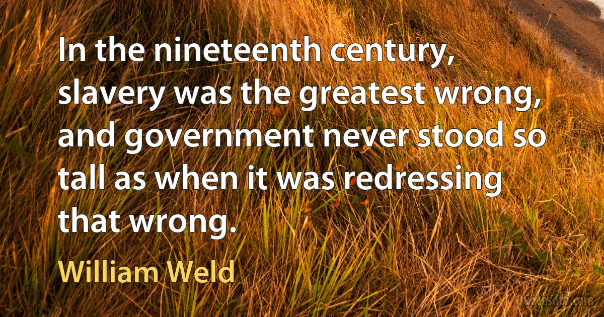 In the nineteenth century, slavery was the greatest wrong, and government never stood so tall as when it was redressing that wrong. (William Weld)