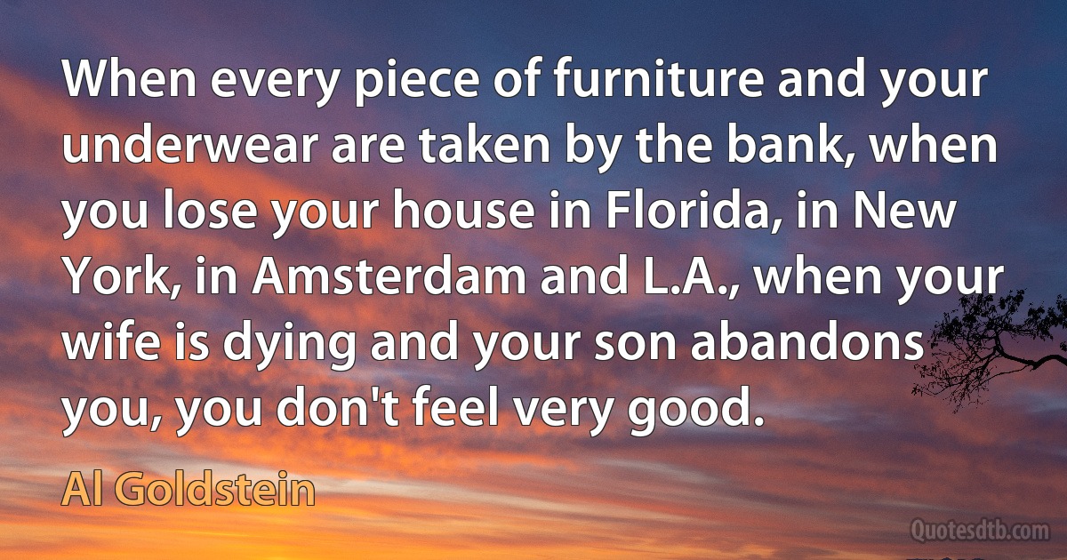 When every piece of furniture and your underwear are taken by the bank, when you lose your house in Florida, in New York, in Amsterdam and L.A., when your wife is dying and your son abandons you, you don't feel very good. (Al Goldstein)