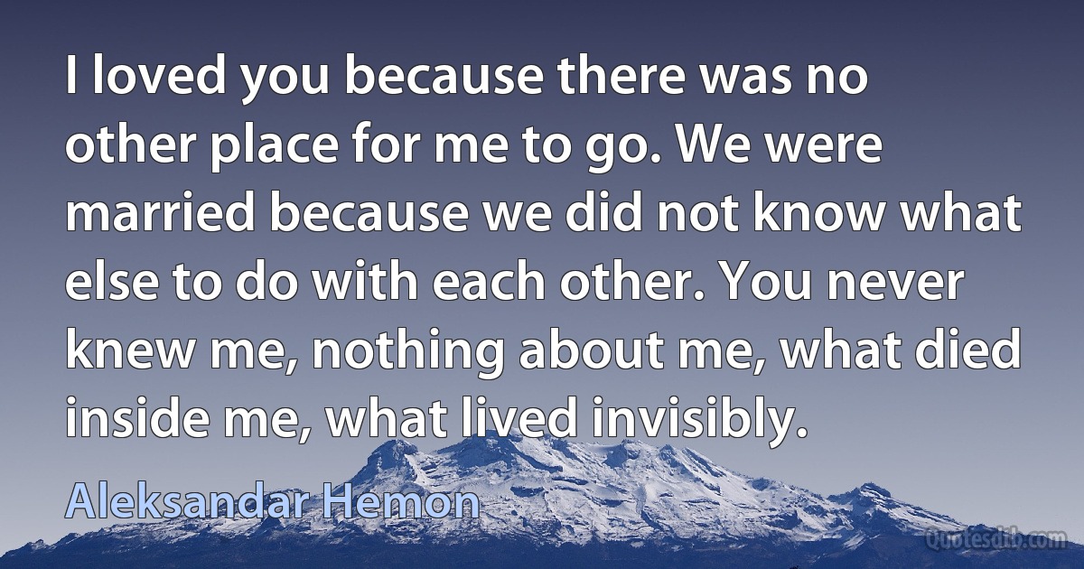 I loved you because there was no other place for me to go. We were married because we did not know what else to do with each other. You never knew me, nothing about me, what died inside me, what lived invisibly. (Aleksandar Hemon)