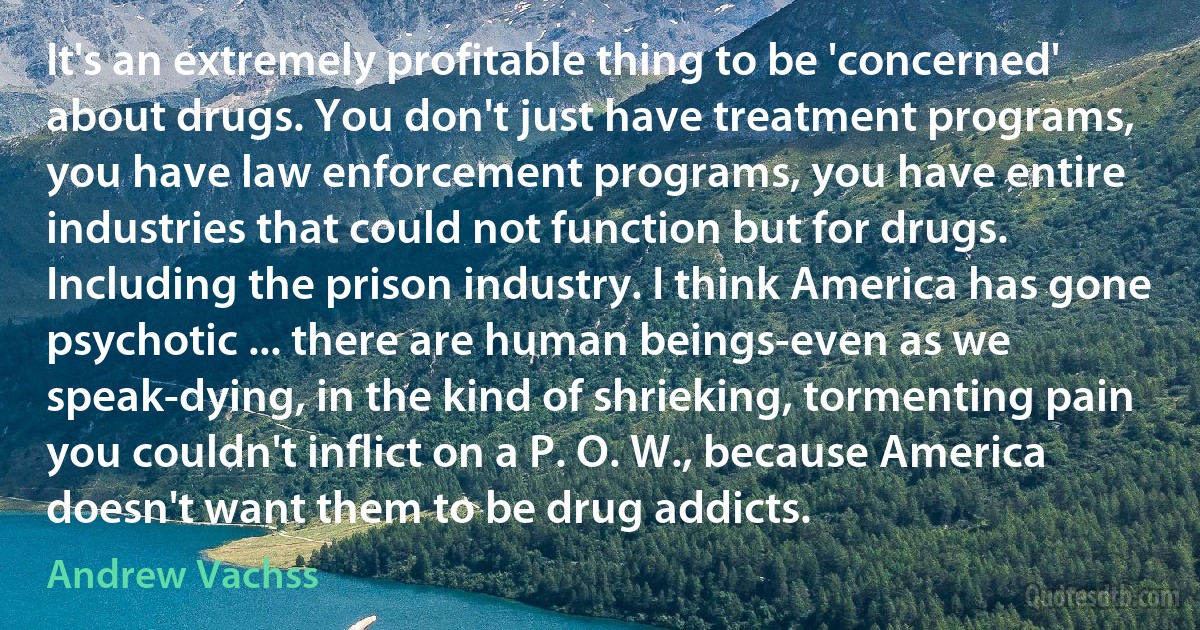 It's an extremely profitable thing to be 'concerned' about drugs. You don't just have treatment programs, you have law enforcement programs, you have entire industries that could not function but for drugs. Including the prison industry. I think America has gone psychotic ... there are human beings-even as we speak-dying, in the kind of shrieking, tormenting pain you couldn't inflict on a P. O. W., because America doesn't want them to be drug addicts. (Andrew Vachss)