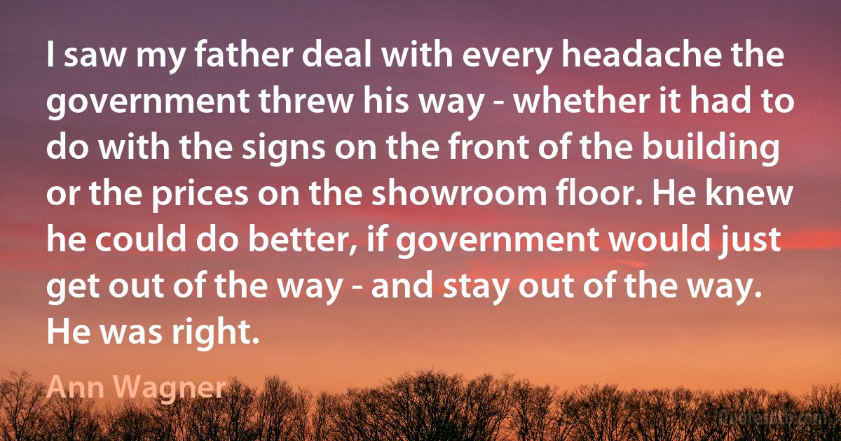 I saw my father deal with every headache the government threw his way - whether it had to do with the signs on the front of the building or the prices on the showroom floor. He knew he could do better, if government would just get out of the way - and stay out of the way. He was right. (Ann Wagner)