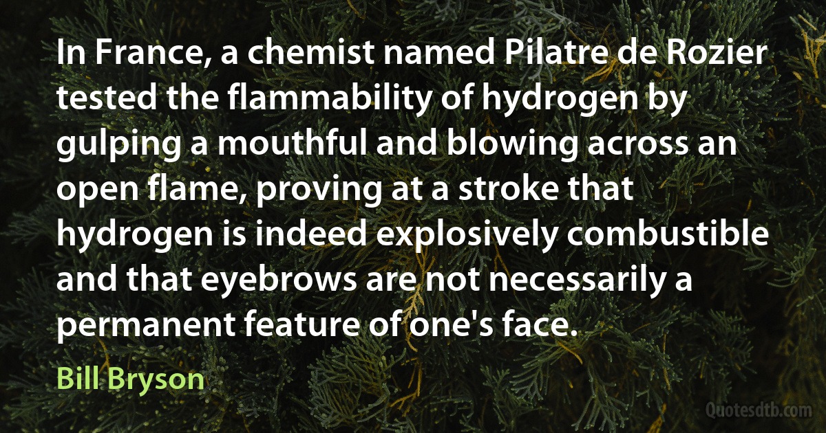 In France, a chemist named Pilatre de Rozier tested the flammability of hydrogen by gulping a mouthful and blowing across an open flame, proving at a stroke that hydrogen is indeed explosively combustible and that eyebrows are not necessarily a permanent feature of one's face. (Bill Bryson)