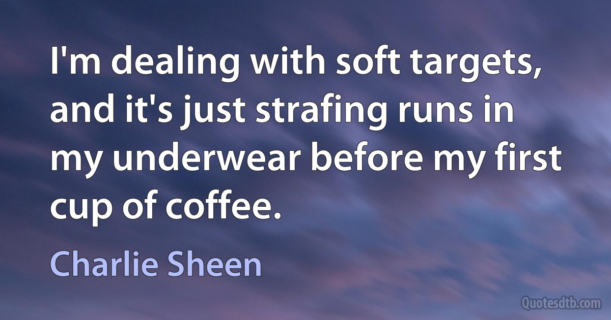 I'm dealing with soft targets, and it's just strafing runs in my underwear before my first cup of coffee. (Charlie Sheen)