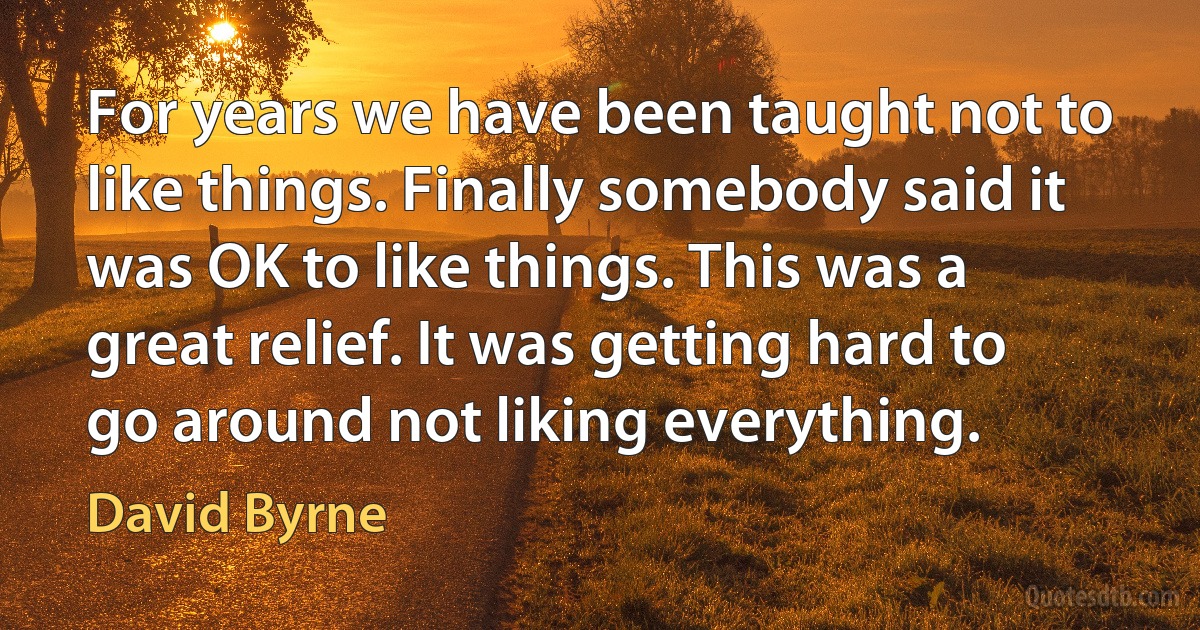 For years we have been taught not to like things. Finally somebody said it was OK to like things. This was a great relief. It was getting hard to go around not liking everything. (David Byrne)