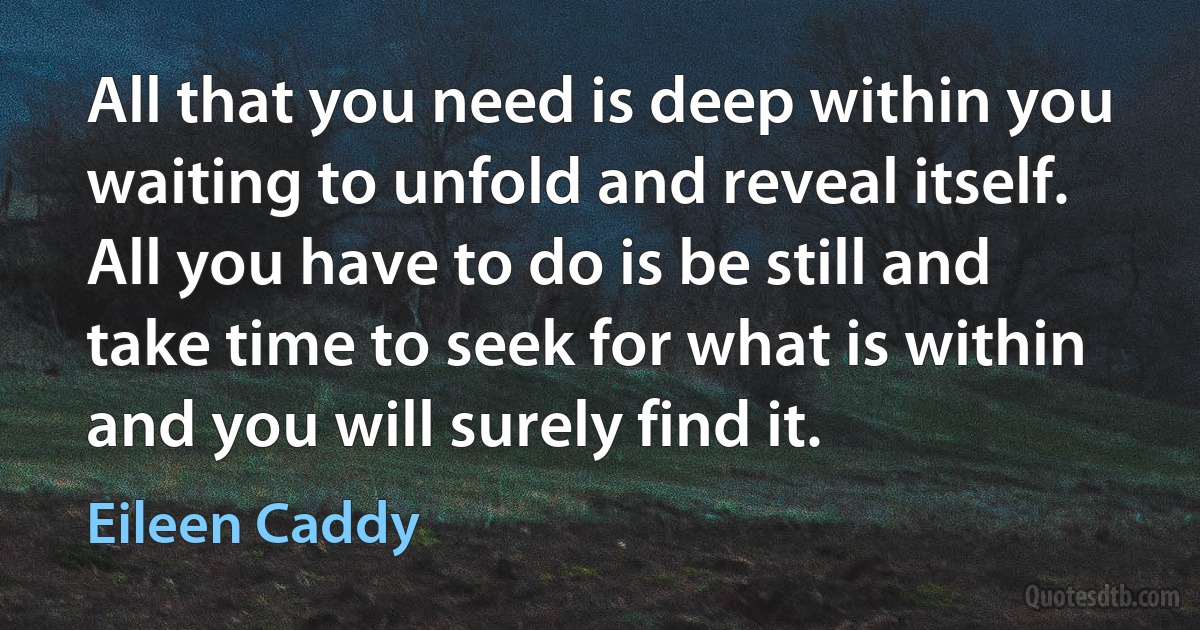 All that you need is deep within you waiting to unfold and reveal itself. All you have to do is be still and take time to seek for what is within and you will surely find it. (Eileen Caddy)