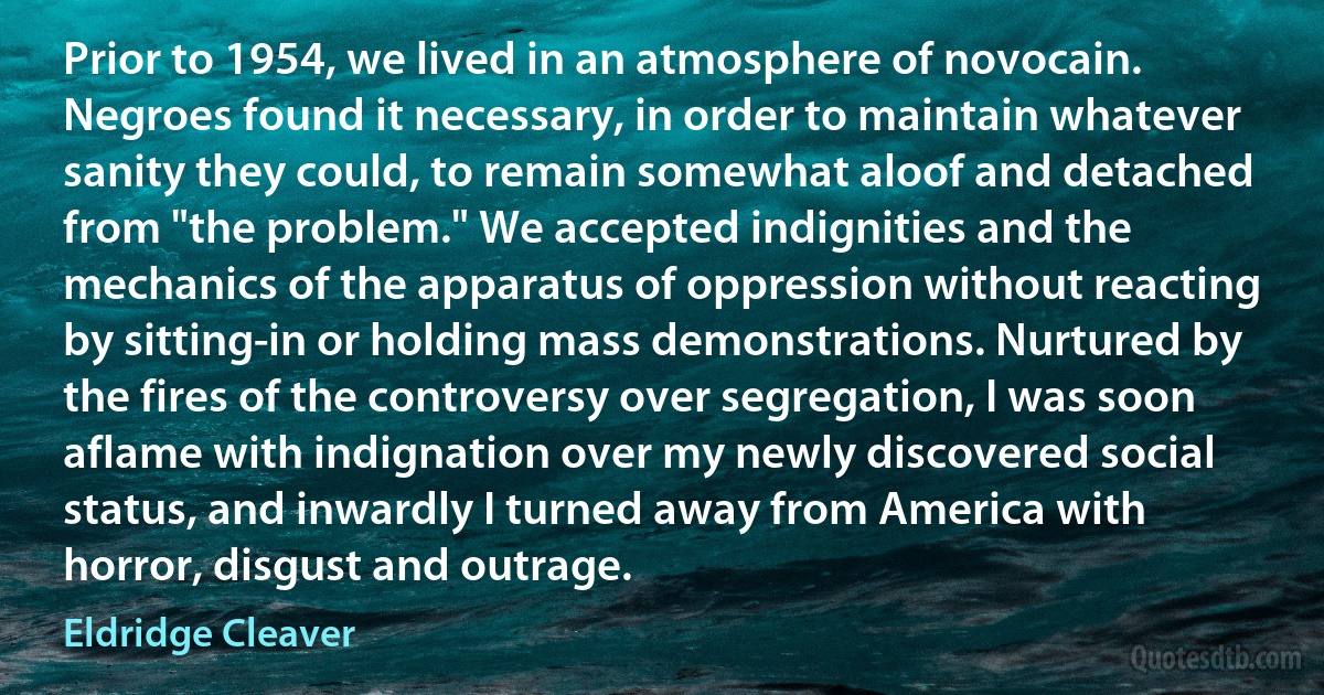 Prior to 1954, we lived in an atmosphere of novocain. Negroes found it necessary, in order to maintain whatever sanity they could, to remain somewhat aloof and detached from "the problem." We accepted indignities and the mechanics of the apparatus of oppression without reacting by sitting-in or holding mass demonstrations. Nurtured by the fires of the controversy over segregation, I was soon aflame with indignation over my newly discovered social status, and inwardly I turned away from America with horror, disgust and outrage. (Eldridge Cleaver)