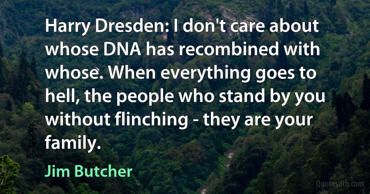 Harry Dresden: I don't care about whose DNA has recombined with whose. When everything goes to hell, the people who stand by you without flinching - they are your family. (Jim Butcher)