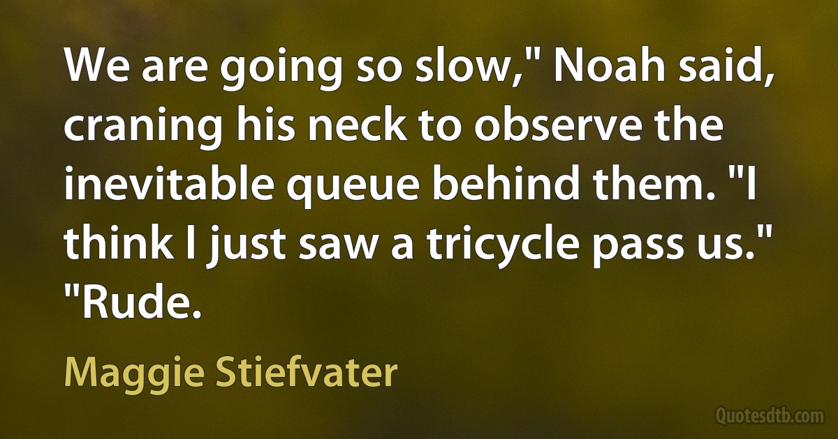 We are going so slow," Noah said, craning his neck to observe the inevitable queue behind them. "I think I just saw a tricycle pass us."
"Rude. (Maggie Stiefvater)