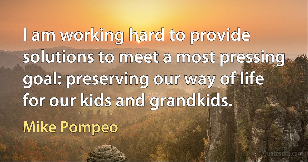 I am working hard to provide solutions to meet a most pressing goal: preserving our way of life for our kids and grandkids. (Mike Pompeo)