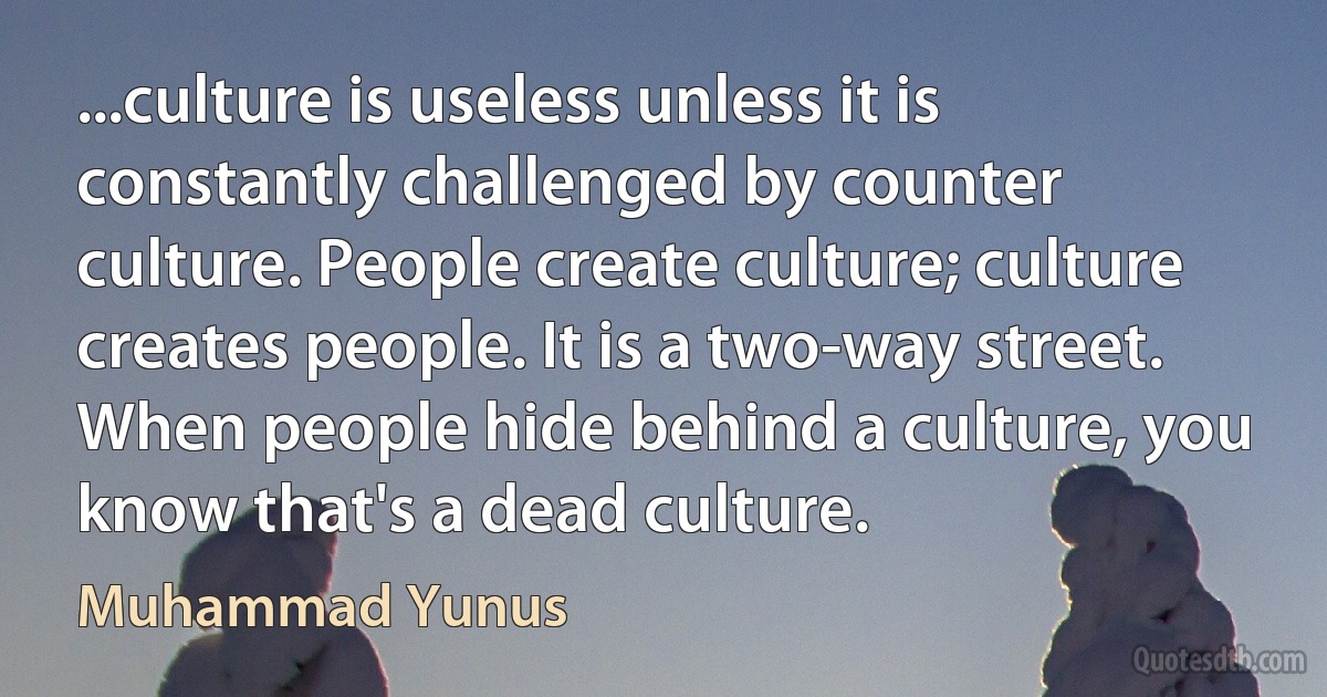 ...culture is useless unless it is constantly challenged by counter culture. People create culture; culture creates people. It is a two-way street. When people hide behind a culture, you know that's a dead culture. (Muhammad Yunus)