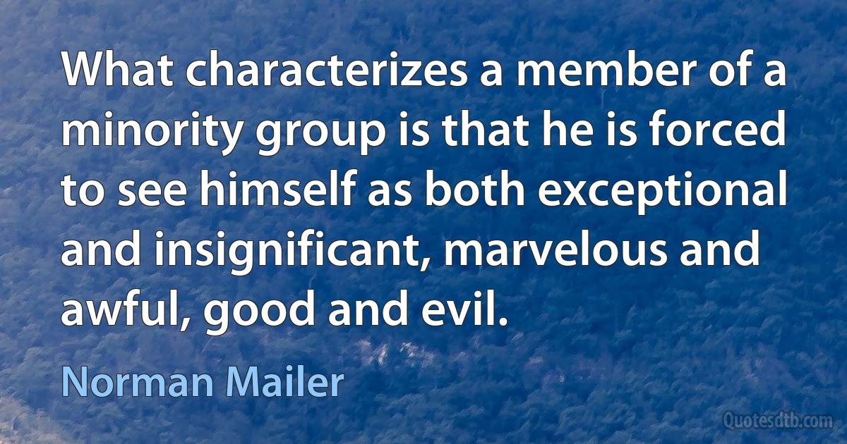 What characterizes a member of a minority group is that he is forced to see himself as both exceptional and insignificant, marvelous and awful, good and evil. (Norman Mailer)