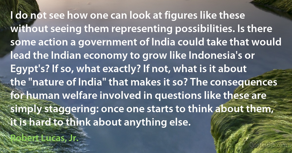 I do not see how one can look at figures like these without seeing them representing possibilities. Is there some action a government of India could take that would lead the Indian economy to grow like Indonesia's or Egypt's? If so, what exactly? If not, what is it about the "nature of India" that makes it so? The consequences for human welfare involved in questions like these are simply staggering: once one starts to think about them, it is hard to think about anything else. (Robert Lucas, Jr.)