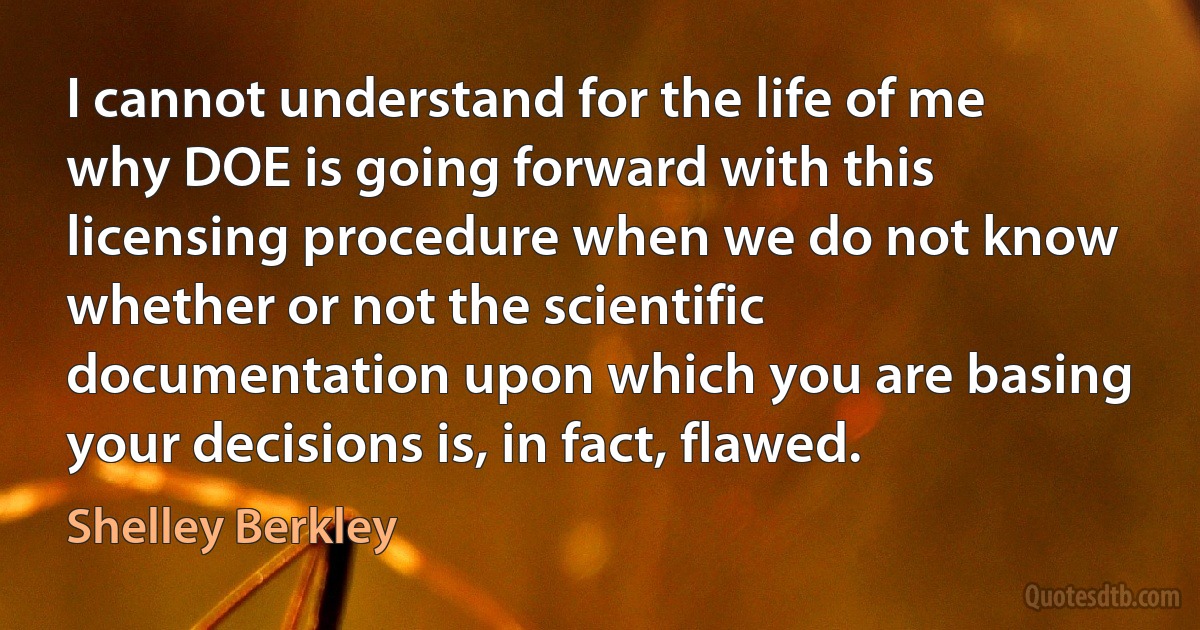 I cannot understand for the life of me why DOE is going forward with this licensing procedure when we do not know whether or not the scientific documentation upon which you are basing your decisions is, in fact, flawed. (Shelley Berkley)