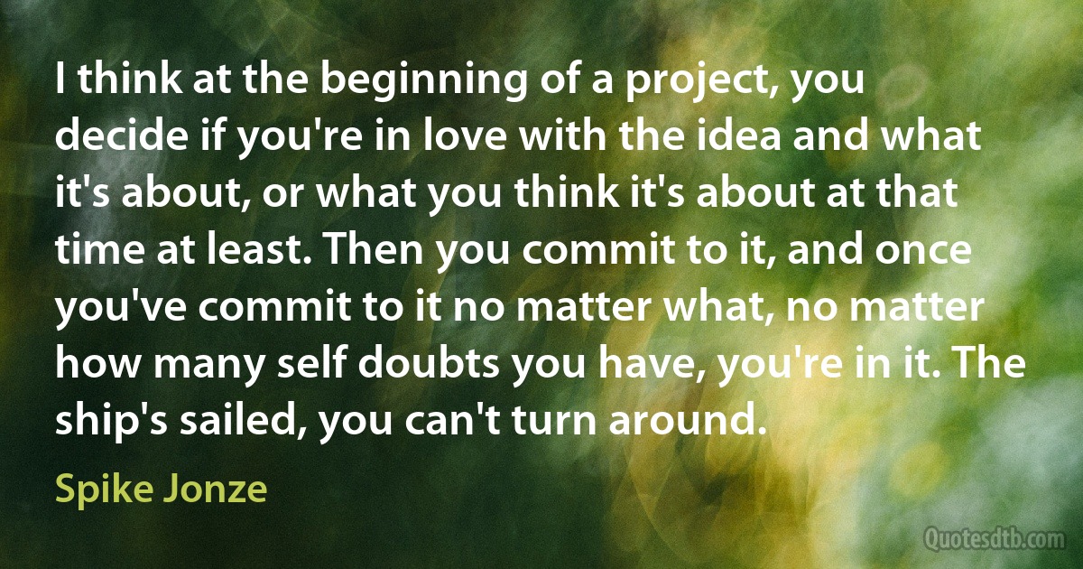 I think at the beginning of a project, you decide if you're in love with the idea and what it's about, or what you think it's about at that time at least. Then you commit to it, and once you've commit to it no matter what, no matter how many self doubts you have, you're in it. The ship's sailed, you can't turn around. (Spike Jonze)