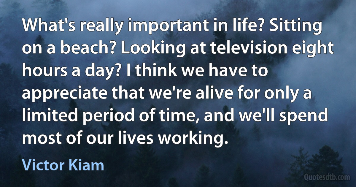 What's really important in life? Sitting on a beach? Looking at television eight hours a day? I think we have to appreciate that we're alive for only a limited period of time, and we'll spend most of our lives working. (Victor Kiam)