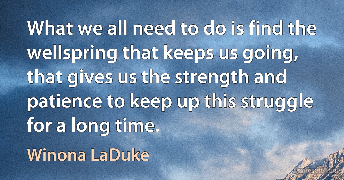 What we all need to do is find the wellspring that keeps us going, that gives us the strength and patience to keep up this struggle for a long time. (Winona LaDuke)