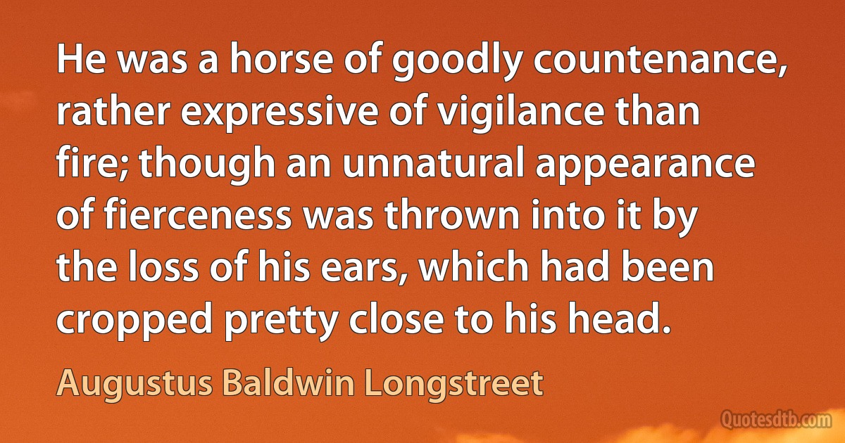 He was a horse of goodly countenance, rather expressive of vigilance than fire; though an unnatural appearance of fierceness was thrown into it by the loss of his ears, which had been cropped pretty close to his head. (Augustus Baldwin Longstreet)