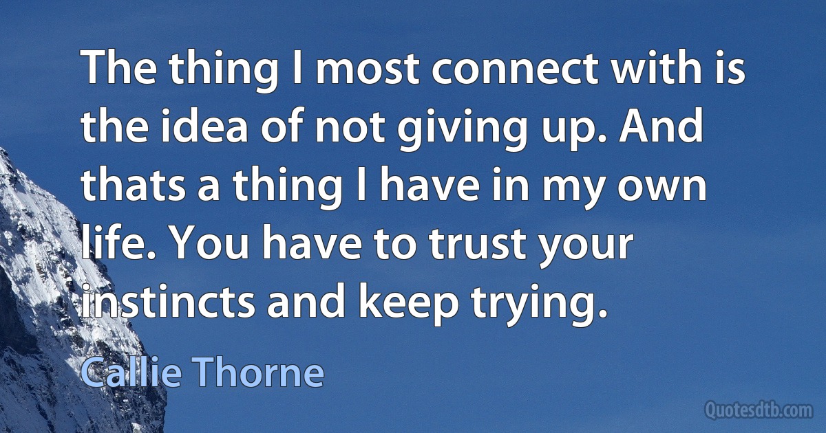 The thing I most connect with is the idea of not giving up. And thats a thing I have in my own life. You have to trust your instincts and keep trying. (Callie Thorne)