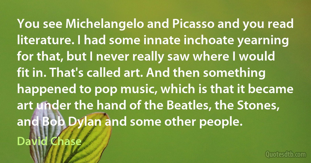 You see Michelangelo and Picasso and you read literature. I had some innate inchoate yearning for that, but I never really saw where I would fit in. That's called art. And then something happened to pop music, which is that it became art under the hand of the Beatles, the Stones, and Bob Dylan and some other people. (David Chase)