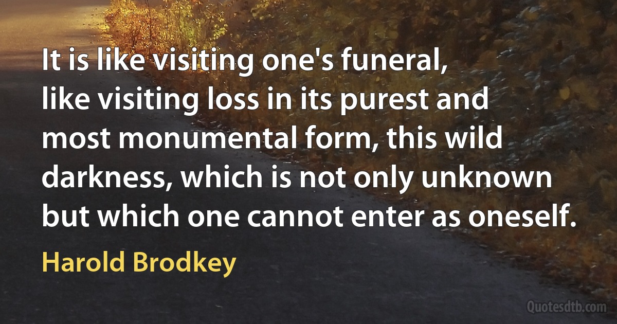 It is like visiting one's funeral, like visiting loss in its purest and most monumental form, this wild darkness, which is not only unknown but which one cannot enter as oneself. (Harold Brodkey)