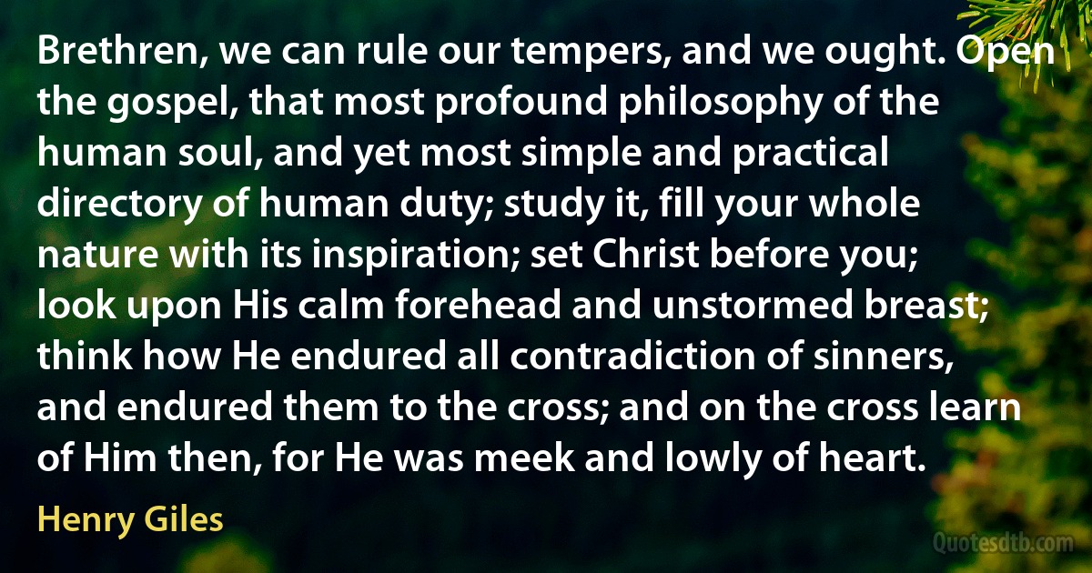 Brethren, we can rule our tempers, and we ought. Open the gospel, that most profound philosophy of the human soul, and yet most simple and practical directory of human duty; study it, fill your whole nature with its inspiration; set Christ before you; look upon His calm forehead and unstormed breast; think how He endured all contradiction of sinners, and endured them to the cross; and on the cross learn of Him then, for He was meek and lowly of heart. (Henry Giles)