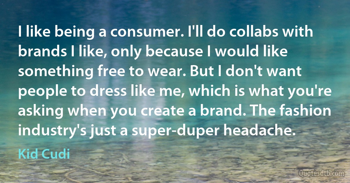 I like being a consumer. I'll do collabs with brands I like, only because I would like something free to wear. But I don't want people to dress like me, which is what you're asking when you create a brand. The fashion industry's just a super-duper headache. (Kid Cudi)