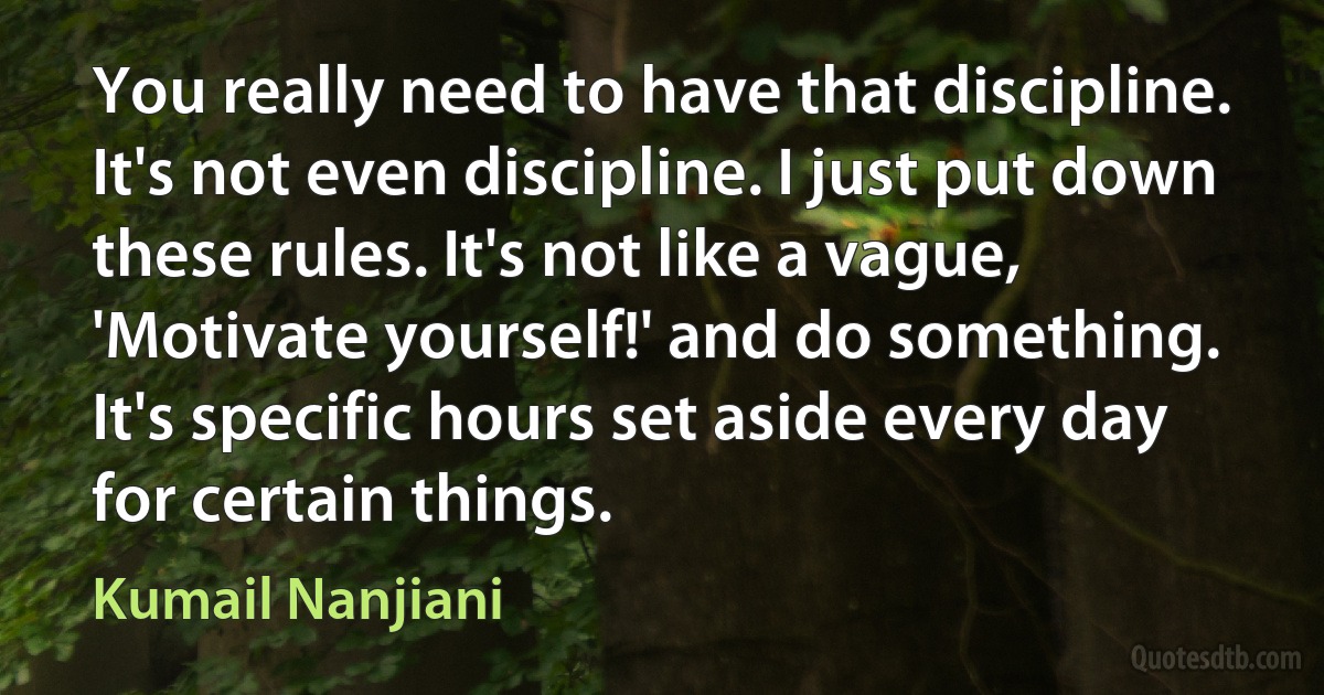 You really need to have that discipline. It's not even discipline. I just put down these rules. It's not like a vague, 'Motivate yourself!' and do something. It's specific hours set aside every day for certain things. (Kumail Nanjiani)