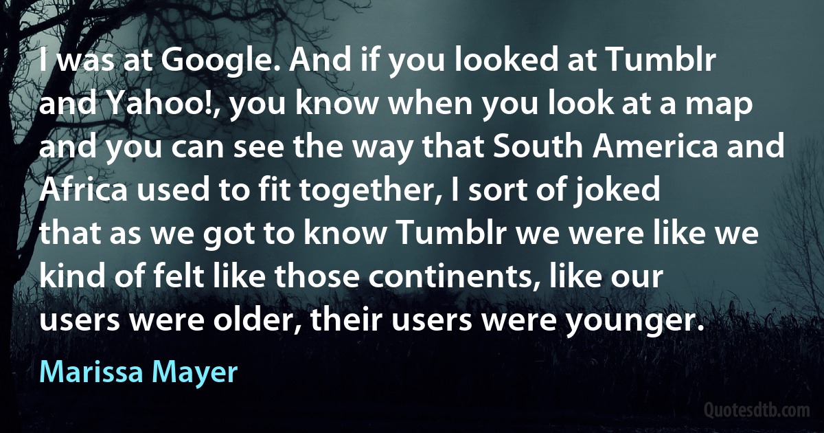 I was at Google. And if you looked at Tumblr and Yahoo!, you know when you look at a map and you can see the way that South America and Africa used to fit together, I sort of joked that as we got to know Tumblr we were like we kind of felt like those continents, like our users were older, their users were younger. (Marissa Mayer)