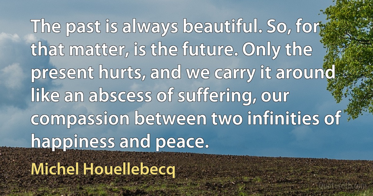 The past is always beautiful. So, for that matter, is the future. Only the present hurts, and we carry it around like an abscess of suffering, our compassion between two infinities of happiness and peace. (Michel Houellebecq)