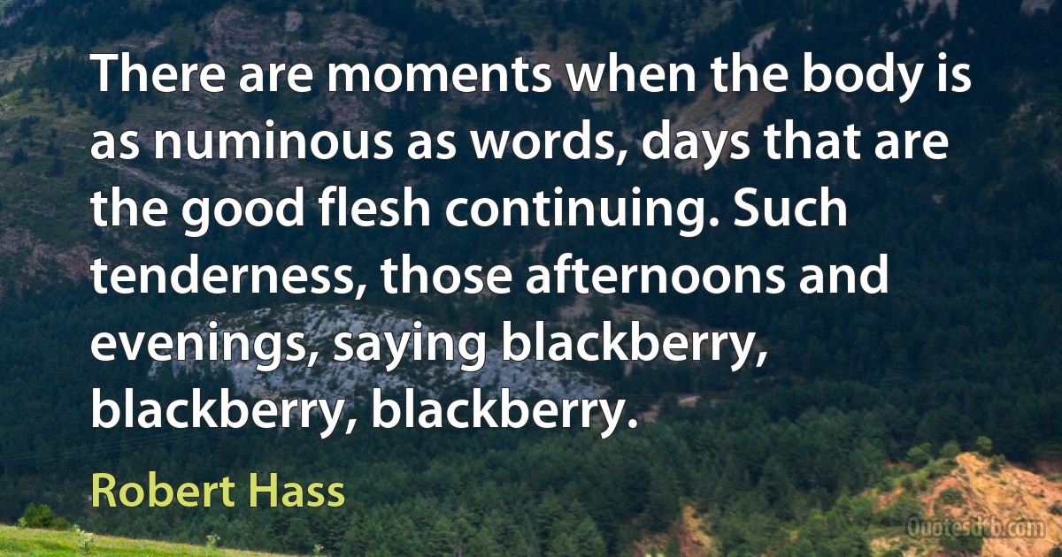 There are moments when the body is as numinous as words, days that are the good flesh continuing. Such tenderness, those afternoons and evenings, saying blackberry, blackberry, blackberry. (Robert Hass)