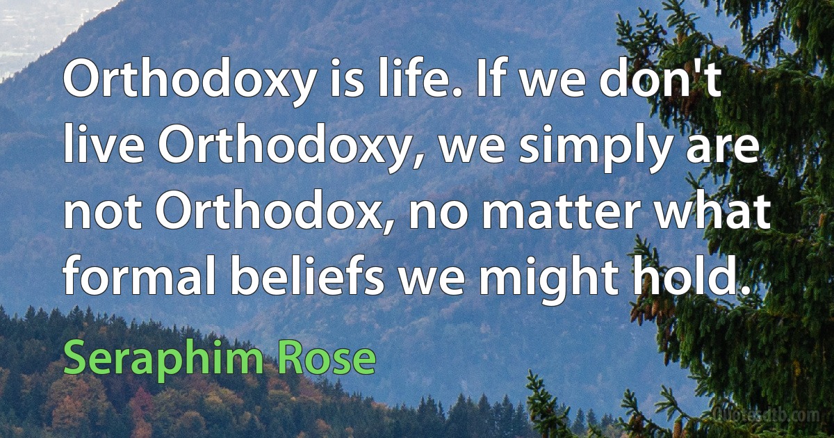 Orthodoxy is life. If we don't live Orthodoxy, we simply are not Orthodox, no matter what formal beliefs we might hold. (Seraphim Rose)