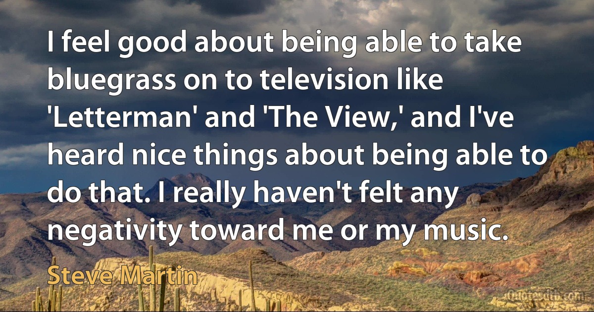 I feel good about being able to take bluegrass on to television like 'Letterman' and 'The View,' and I've heard nice things about being able to do that. I really haven't felt any negativity toward me or my music. (Steve Martin)