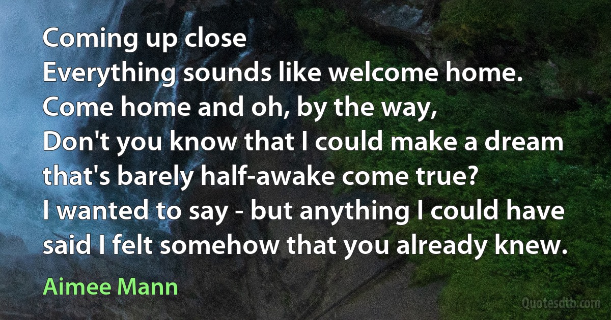 Coming up close
Everything sounds like welcome home.
Come home and oh, by the way,
Don't you know that I could make a dream that's barely half-awake come true?
I wanted to say - but anything I could have said I felt somehow that you already knew. (Aimee Mann)