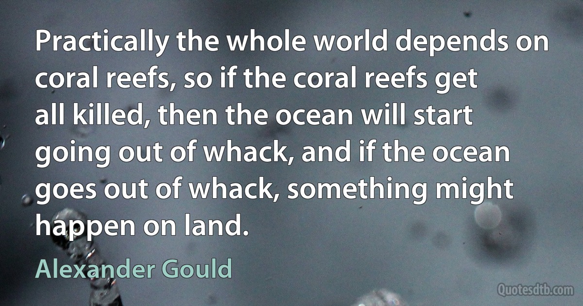 Practically the whole world depends on coral reefs, so if the coral reefs get all killed, then the ocean will start going out of whack, and if the ocean goes out of whack, something might happen on land. (Alexander Gould)