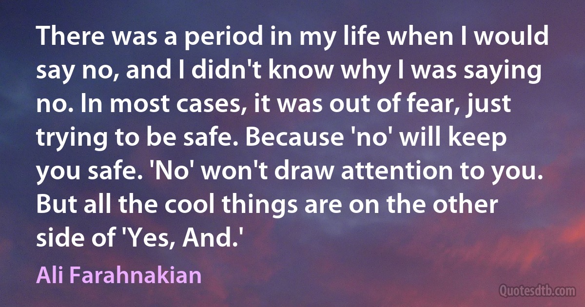 There was a period in my life when I would say no, and I didn't know why I was saying no. In most cases, it was out of fear, just trying to be safe. Because 'no' will keep you safe. 'No' won't draw attention to you. But all the cool things are on the other side of 'Yes, And.' (Ali Farahnakian)