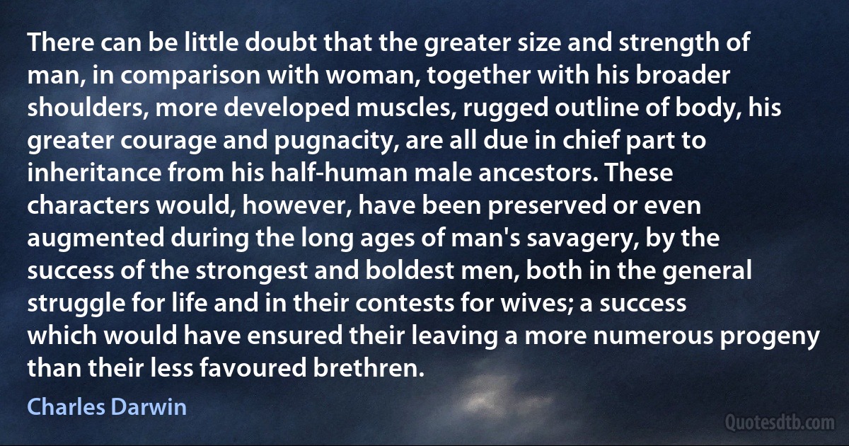 There can be little doubt that the greater size and strength of man, in comparison with woman, together with his broader shoulders, more developed muscles, rugged outline of body, his greater courage and pugnacity, are all due in chief part to inheritance from his half-human male ancestors. These characters would, however, have been preserved or even augmented during the long ages of man's savagery, by the success of the strongest and boldest men, both in the general struggle for life and in their contests for wives; a success which would have ensured their leaving a more numerous progeny than their less favoured brethren. (Charles Darwin)