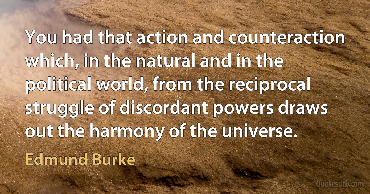 You had that action and counteraction which, in the natural and in the political world, from the reciprocal struggle of discordant powers draws out the harmony of the universe. (Edmund Burke)