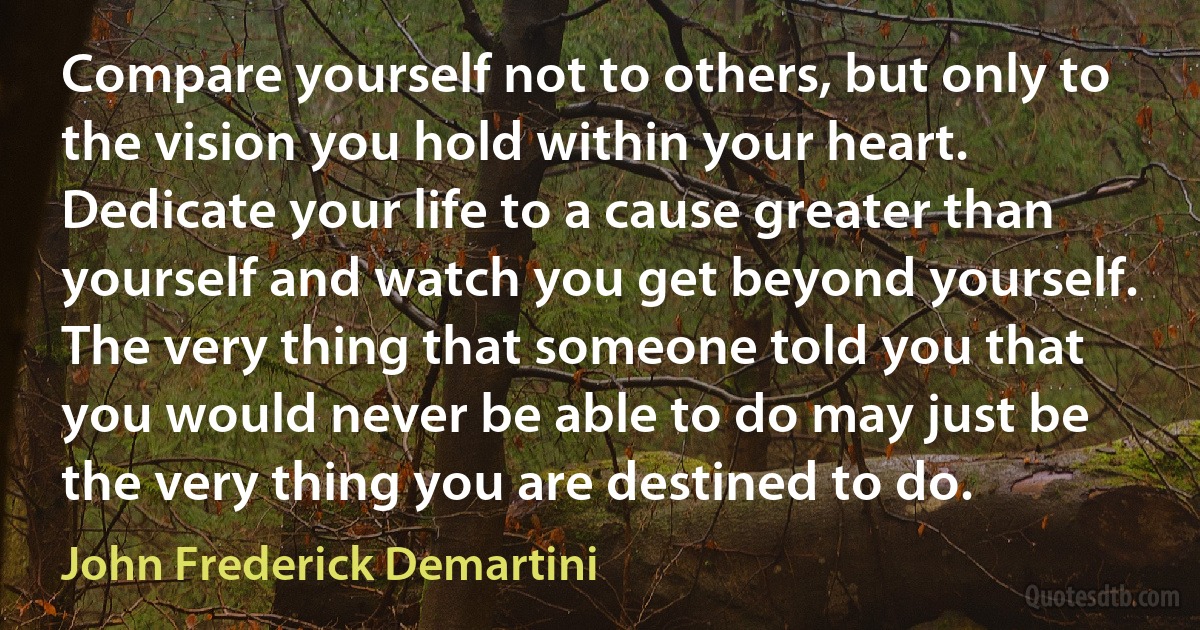 Compare yourself not to others, but only to the vision you hold within your heart. Dedicate your life to a cause greater than yourself and watch you get beyond yourself. The very thing that someone told you that you would never be able to do may just be the very thing you are destined to do. (John Frederick Demartini)