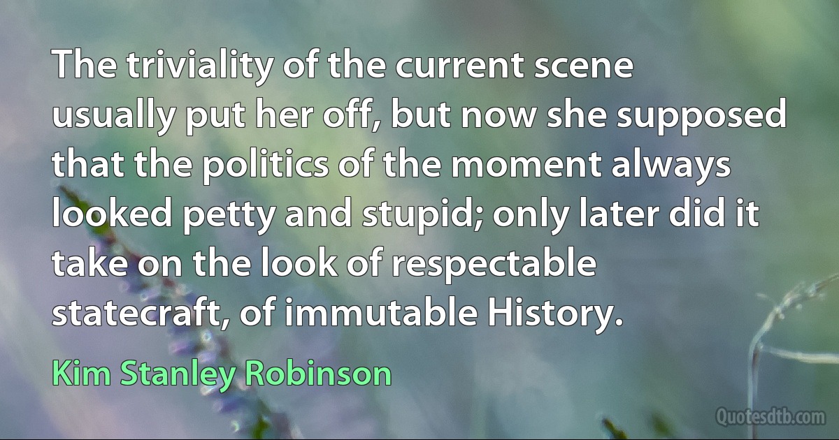 The triviality of the current scene usually put her off, but now she supposed that the politics of the moment always looked petty and stupid; only later did it take on the look of respectable statecraft, of immutable History. (Kim Stanley Robinson)