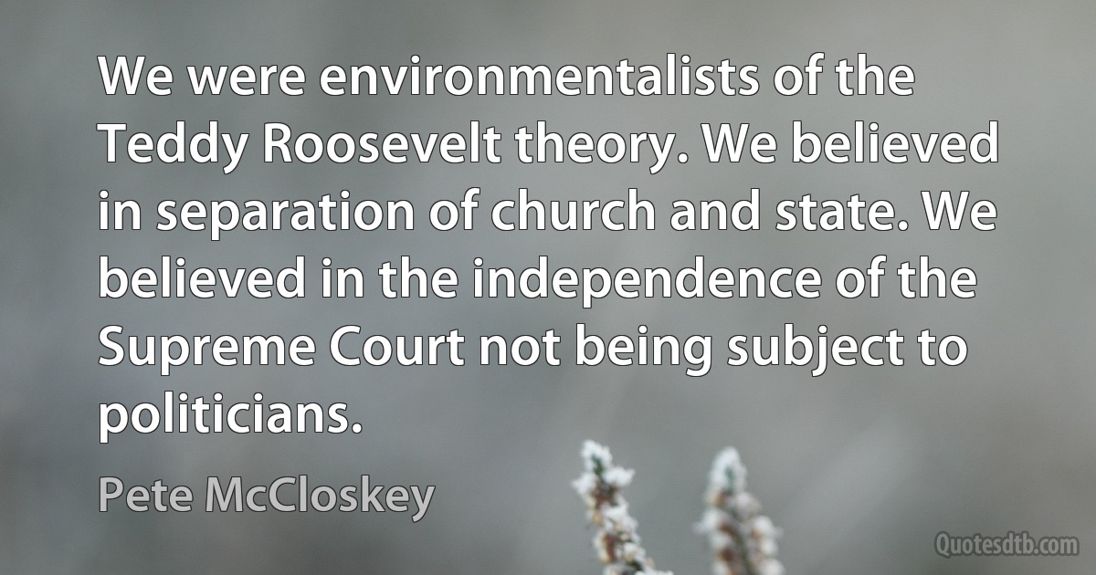 We were environmentalists of the Teddy Roosevelt theory. We believed in separation of church and state. We believed in the independence of the Supreme Court not being subject to politicians. (Pete McCloskey)