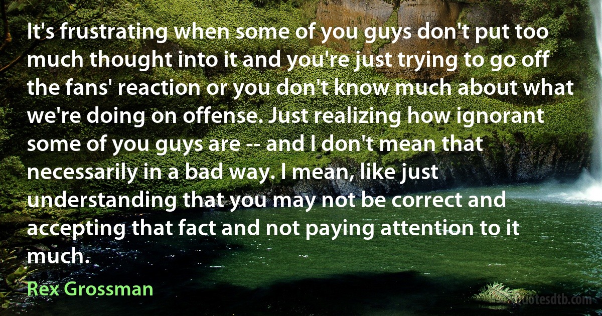 It's frustrating when some of you guys don't put too much thought into it and you're just trying to go off the fans' reaction or you don't know much about what we're doing on offense. Just realizing how ignorant some of you guys are -- and I don't mean that necessarily in a bad way. I mean, like just understanding that you may not be correct and accepting that fact and not paying attention to it much. (Rex Grossman)