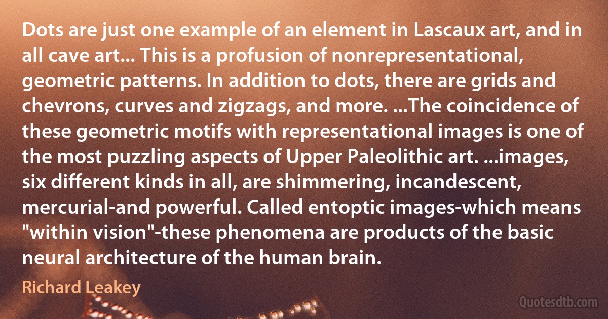 Dots are just one example of an element in Lascaux art, and in all cave art... This is a profusion of nonrepresentational, geometric patterns. In addition to dots, there are grids and chevrons, curves and zigzags, and more. ...The coincidence of these geometric motifs with representational images is one of the most puzzling aspects of Upper Paleolithic art. ...images, six different kinds in all, are shimmering, incandescent, mercurial-and powerful. Called entoptic images-which means "within vision"-these phenomena are products of the basic neural architecture of the human brain. (Richard Leakey)