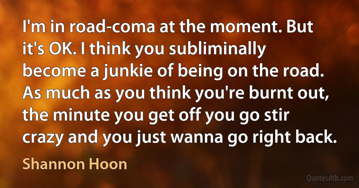 I'm in road-coma at the moment. But it's OK. I think you subliminally become a junkie of being on the road. As much as you think you're burnt out, the minute you get off you go stir crazy and you just wanna go right back. (Shannon Hoon)