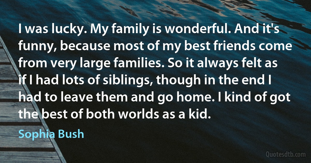 I was lucky. My family is wonderful. And it's funny, because most of my best friends come from very large families. So it always felt as if I had lots of siblings, though in the end I had to leave them and go home. I kind of got the best of both worlds as a kid. (Sophia Bush)