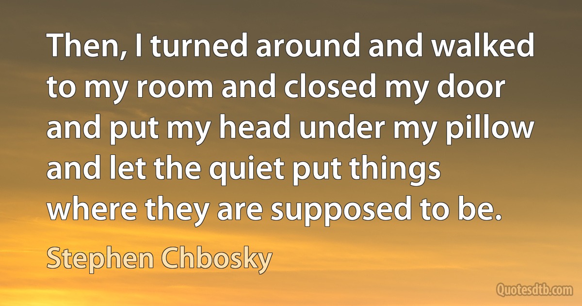 Then, I turned around and walked to my room and closed my door and put my head under my pillow and let the quiet put things where they are supposed to be. (Stephen Chbosky)