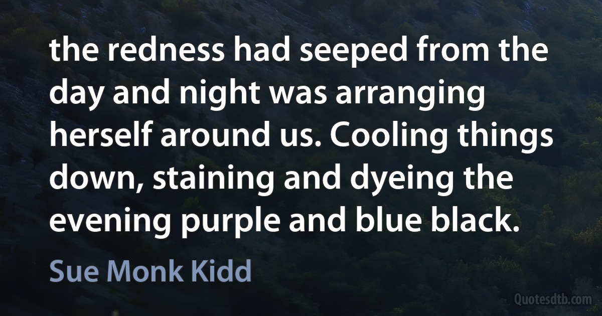 the redness had seeped from the day and night was arranging herself around us. Cooling things down, staining and dyeing the evening purple and blue black. (Sue Monk Kidd)